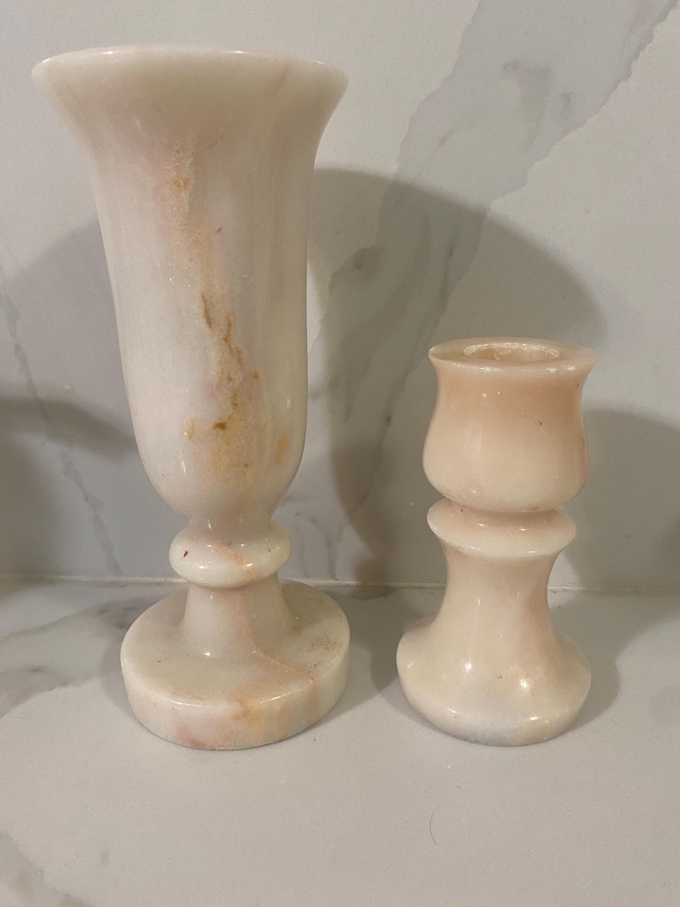 Vintage Italian alabaster hand carved candle holder vase