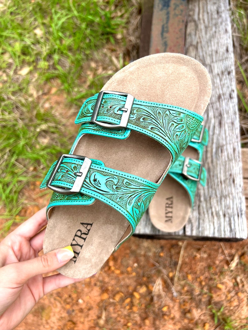 Turquoise Tooled Leather Sandals - Etsy