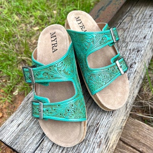 Turquoise Tooled Leather Sandals - Etsy