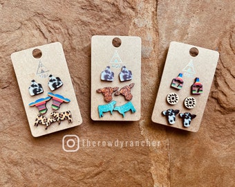 Cattle 3 Piece Wooden Stud Earrings
