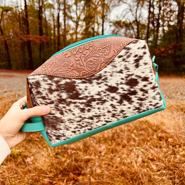 Turquoise Cowhide Cosmetic Bag
