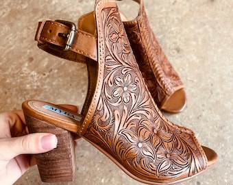 Western Tooled Leather Wedges