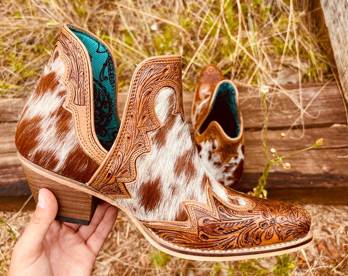 Brown Cowhide Tooled Toe Booties Etsy