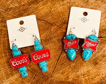 Turquoise Beer Logo Dangle Earrings
