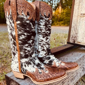 Cowhide & Tooled Leather Tall Cowboy Boots