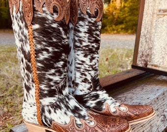 Cowhide & Tooled Leather Tall Cowboy Boots