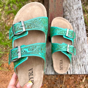 Turquoise Tooled Leather Sandals - Etsy