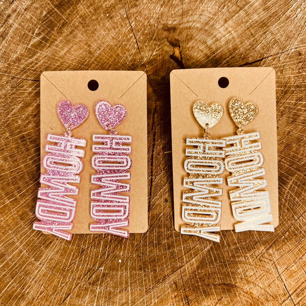 Pink/Gold Acrylic Howdy Western Earrings
