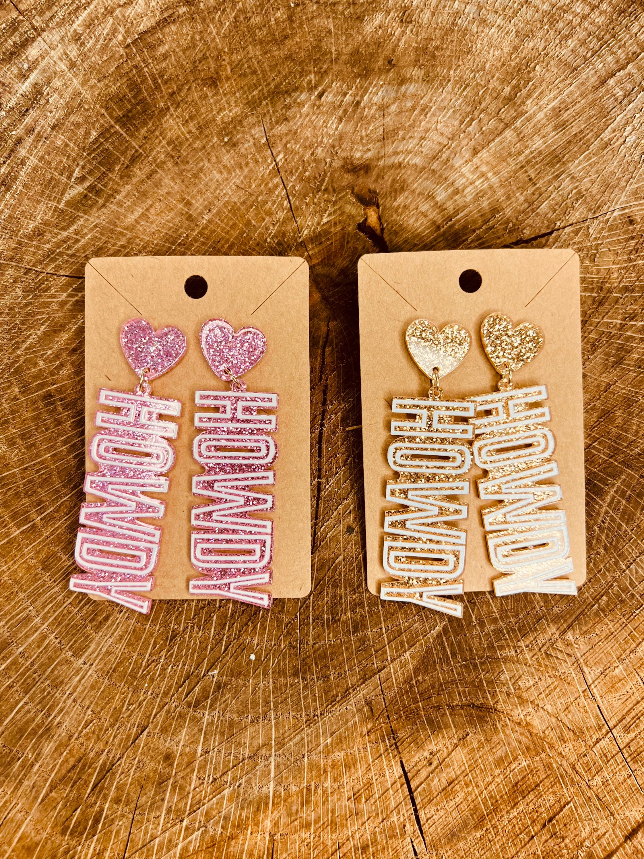 Pink/Gold Acrylic Howdy Western Earrings