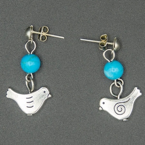 Bird stud earrings with turquoise beads