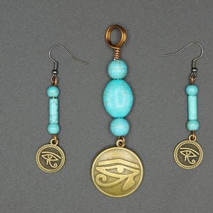 Pendants and earrings with turquoise beads and Egyptian charms