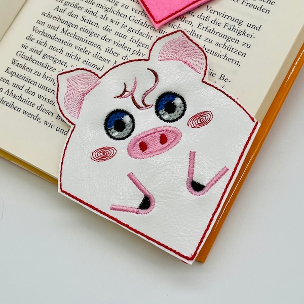 Eck Lesezeichen Schwein, Kunstleder gestickt, Leseecke Geschenk Bücherwurm Leseratte, Geburtstagsgeschenk Frauen Mädchen Jungen, Schweinchen