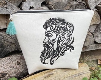 Kulturbeutel Kulturtasche Kosmetiktasche, Waschtasche, Schminktasche,Make-Up Kunstleder Bestickt, Wickeltasche, Celtic-Man Tasche bestickt