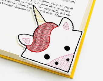 Einhorn Lesezeichen Kunstleder gestickt, Leseecke Ecklesezeichen Bücherwurm Leseratte, Unicorn, Geschenk für Mädchen Mitbringsel