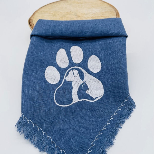 Halstuch für Hund Katze mit Pfote gestickt, Leinenstoffe Blau, Hundehalstuch, Hundeschal, Welpen Geschenk