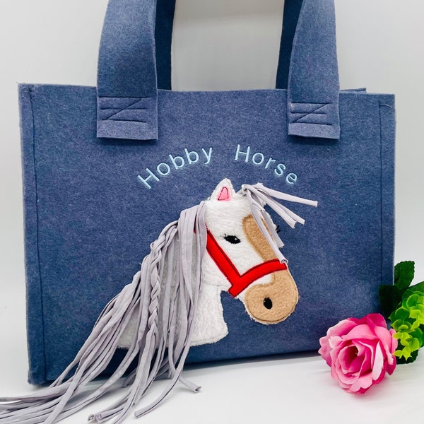 Hobby Horse Steckenpferd Tasche mit Pferd Applikation, Schultertasche Filztasche Blau Grau, Hobbyhorsing, Pferdesport Hobbyhorse