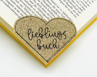 Herz Eck Lesezeichen Leseecke Glitzer Herz Gold, Glitter Rosa gestickt, Geschenk Bücherwurm Leseratte, Geburtstagsgeschenk, Lieblingsbuch,