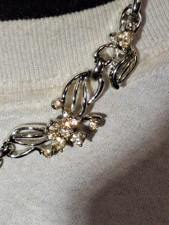 Vintage flower link rhinestone necklace 16" - image 3