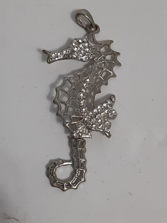Mid century rhinestone sea horse pendant with art… - image 1