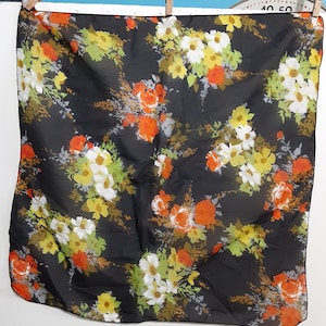 Vintage nylon usa black floral print scarf 20&quot; x 20&quot;
