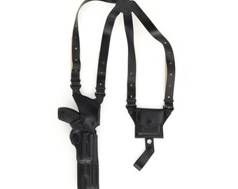 Conjunto de coldre de ombro vertical de couro Taurus Judge Premium com estojos duplos para revistas, preto e marrom