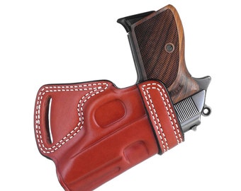 RUGER LC9, LC380 (Without Laser) Premium Leather Holster, Handmade Small of Back (SOB) Style Holster, Black and Brown