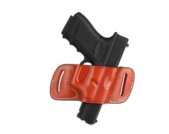 Glock 17, 19, 22, 23, 26, 27 Funda de cuero premium, ESQUELETO hecho a mano (panqueque corto) Funda de estilo, negro y marrón, dibujo a la derecha-izquierda