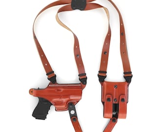 RUGER P85, P89 Premium Leather Horizon Shoulder Holster Set with Double Magazine Cases, Black and Brown, Right-Left Hand Draw