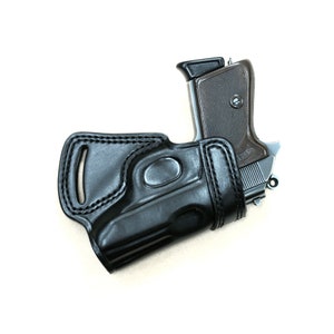 Glock 42 Premium Leather Holster, Handmade Small of Back (SOB) Style Holster, Black and Brown
