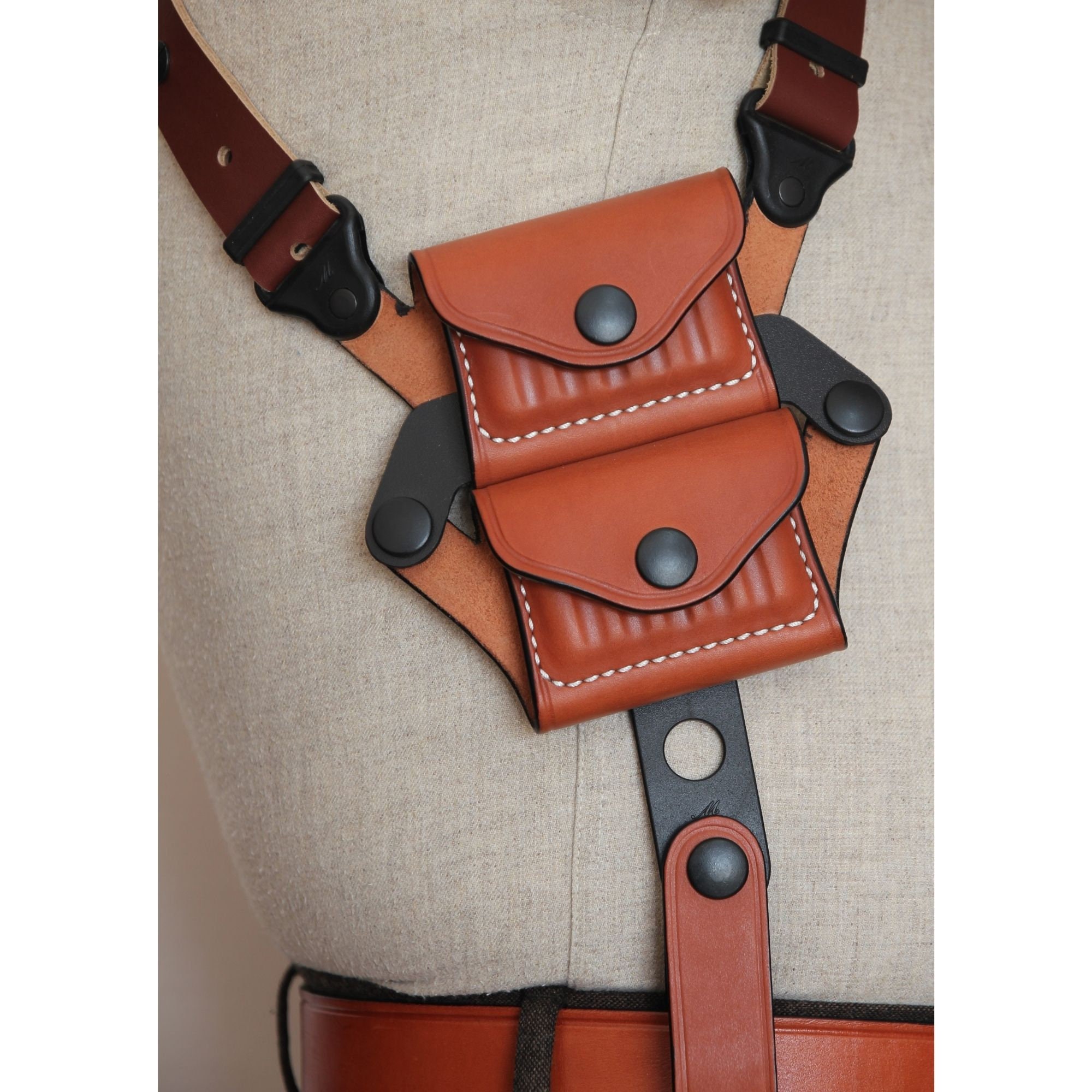 Leather Shoulder Holster For Beretta 92FS 9mm - Vertical Carry With Double Mag Pouch, Right Hand Draw