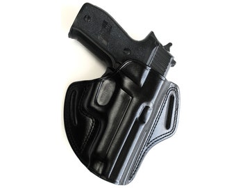 Kabura skórzana RUGER LC9, LC40, LC 380 (z laserem) Premium, ręcznie robiona, w stylu naleśnikowym, czarno-brązowa, do ciągnięcia prawą i lewą ręką