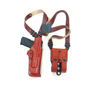 Desert Eagle  - 6&quot; Premium Leather Vertical Shoulder Holster Set with Double Magazine Cases, Black and Brown, Right-Left Hand Draw