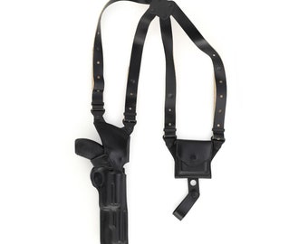 GLOCK 17, 19, 22, 23 Juego de fundas verticales de cuero premium con estuches de doble cargador, negro y marrón, dibujo a la derecha-izquierda