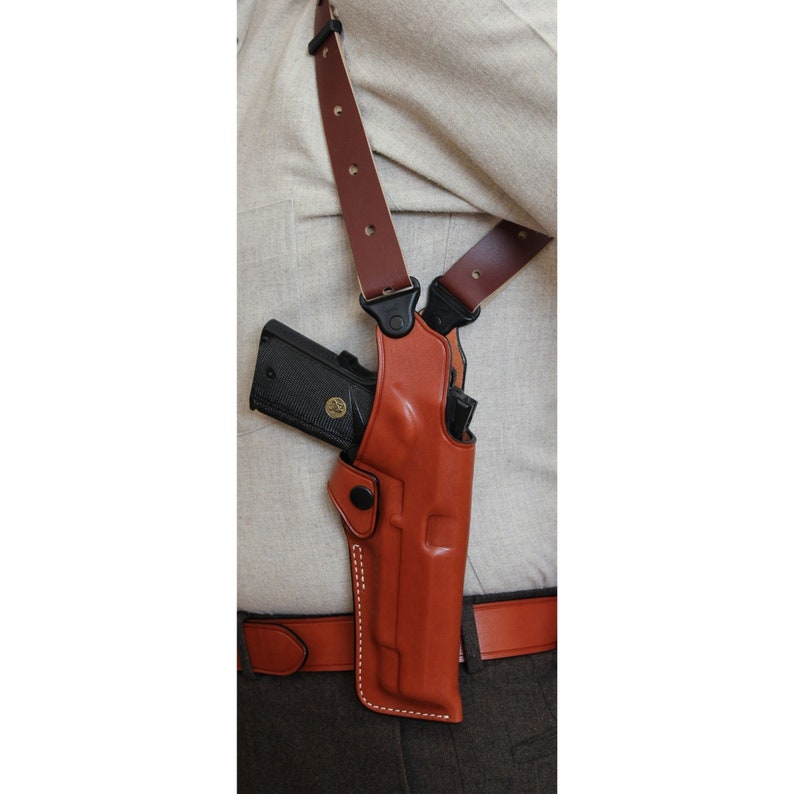 COLT 1911 5 Premium Leather Vertical Shoulder Holster Set with Double Magazine Cases, Black and Brown image 5