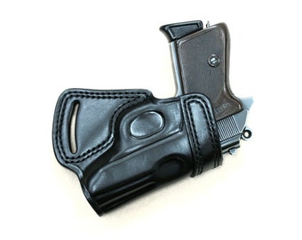 Glock 17, 22 Funda de cuero premium, funda hecha a mano pequeña de la espalda (SOB) estilo funda, negro y marrón