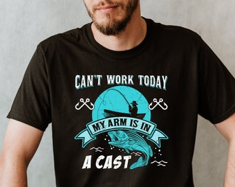 Herren Angeln T-Shirt | Lustiges Fischen-Shirt | Fischen-Grafik-T-Stück | Fischer Geschenke | Geschenk für Fischer | Ich kann nicht arbeiten, mein Arm ist in einem Gips
