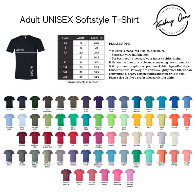 May include: A chart showing the size and measurements of a unisex softstyle t-shirt. The chart shows the width and length of the shirt in inches for sizes XS to 4XL. The chart is surrounded by a variety of colored t-shirts, each representing a different color option.