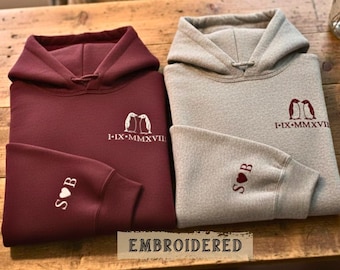 Embroidered Roman Numerals Penguins Hoodie | Couples Matching Sweater for Valentines Day or Anniversary Gift, Custom Personalized Sweatshirt
