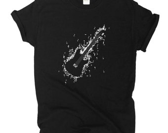 May include: Black t-shirt with a white graphic of a guitar made of musical notes.