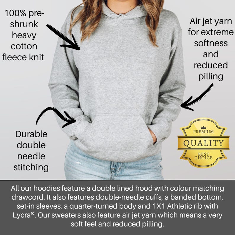 Peut inclure: Un sweat &agrave; capuche gris avec une poche kangourou. Le sweat-shirt est en 100% coton molletonn&eacute; lourd pr&eacute;-r&eacute;tr&eacute;ci. Il est dot&eacute; d'une capuche doubl&eacute;e avec un cordon de serrage assorti, de poignets &agrave; double aiguille, d'un bas c&ocirc;tel&eacute;, de manches mont&eacute;es et d'un corps coup&eacute; en quart de tour. Le sweat-shirt est &eacute;galement dot&eacute; d'un fil d'air jet pour une sensation de douceur et une r&eacute;duction du boulochage. Le texte "PREMIUM QUALITY BEST CHOICE" est sur un badge dor&eacute;.