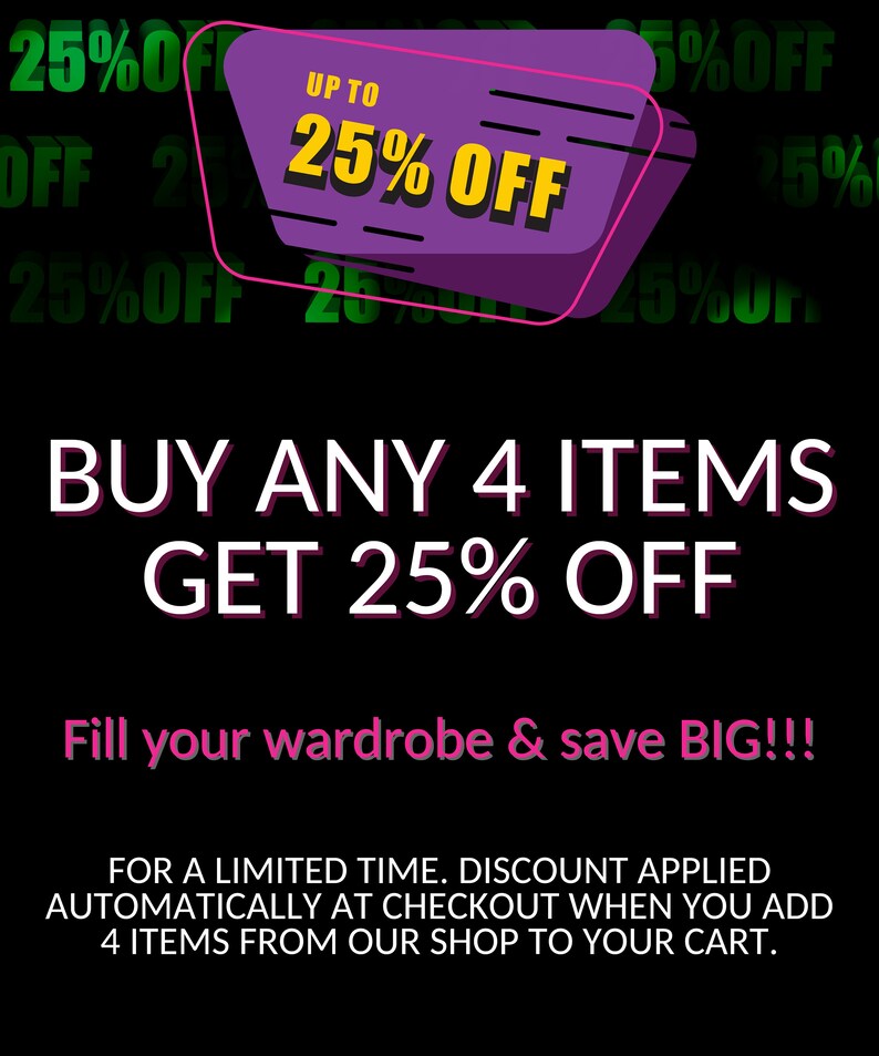 K&ouml;nnte beinhalten: Eine schwarze und violette Grafik mit wei&szlig;em Text, der "Kaufe 4 Artikel und erhalte 25% Rabatt" lautet. Die Grafik enth&auml;lt auch ein violettes und gelbes Rechteck mit dem Text "Bis zu 25% Rabatt".