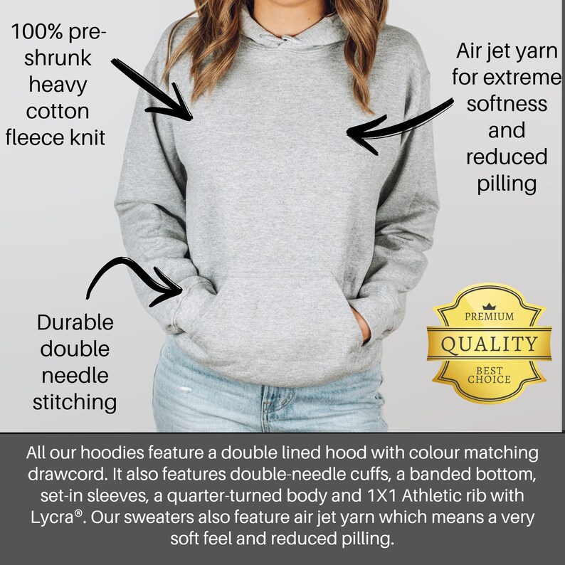May include: A gray hooded sweatshirt with a pouch pocket. The sweatshirt is made of 100% pre-shrunk heavy cotton fleece knit. It features a double-lined hood with a color matching drawcord, double-needle cuffs, a banded bottom, set-in sleeves, and a quarter-turned body. The sweatshirt also features air jet yarn for extreme softness and reduced pilling. The text "PREMIUM QUALITY BEST CHOICE" is on a gold label.