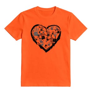 May include: A bright orange short-sleeved t-shirt featuring a large, black, brushstroke-style heart outline on the chest. The interior of the heart is filled with a pattern of multiple small, overlapping handprints in shades of black and grey.