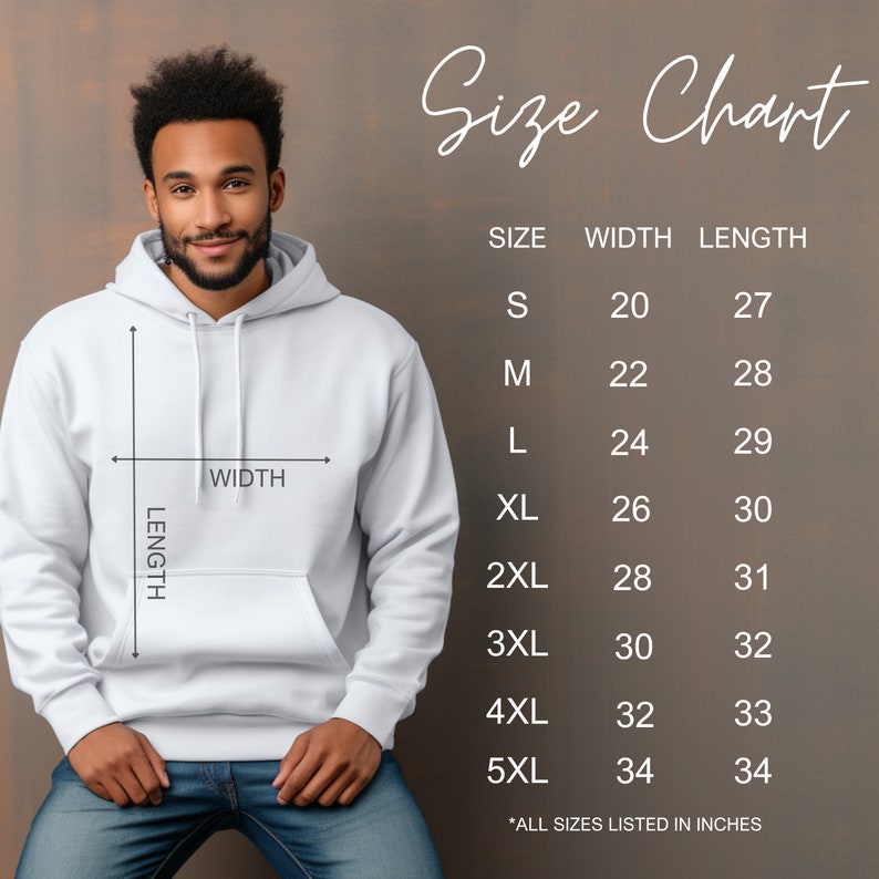 Peut inclure: Tableau des tailles pour un sweat &agrave; capuche avec des mesures en pouces. Le tableau indique la largeur et la longueur du sweat &agrave; capuche en pouces pour les tailles S &agrave; 5XL.