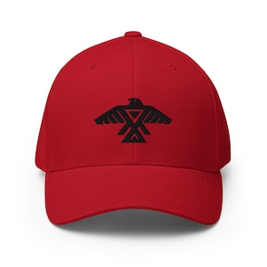 Può includere: Cappellino da baseball rosso con un design di aquila nera stilizzata sul davanti. Il cappellino ha una visiera curva e una vestibilità strutturata. Il design dell'aquila è centrato e sembra ricamato.