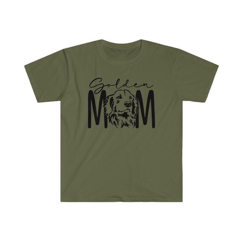 K&ouml;nnte beinhalten: Ein gr&uuml;nes T-Shirt mit kurzen &Auml;rmeln mit schwarzem Text, der "Golden Mom" lautet, und einer schwarzen Silhouette eines Golden Retriever-HundeKopfes.