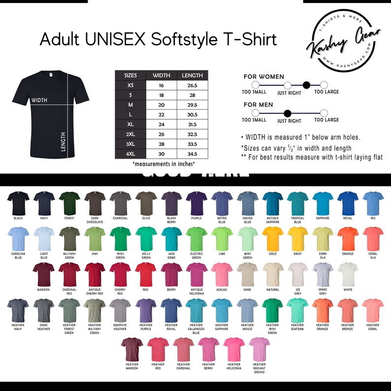 K&ouml;nnte beinhalten: Eine Tabelle mit den Gr&ouml;&szlig;enangaben in Zoll f&uuml;r ein Unisex-Softstyle-T-Shirt. Die Tabelle zeigt die Breite und L&auml;nge f&uuml;r die Gr&ouml;&szlig;en XS bis 4XL. Die Tabelle enth&auml;lt auch eine Farbkarte mit 48 verschiedenen Farboptionen f&uuml;r das T-Shirt.