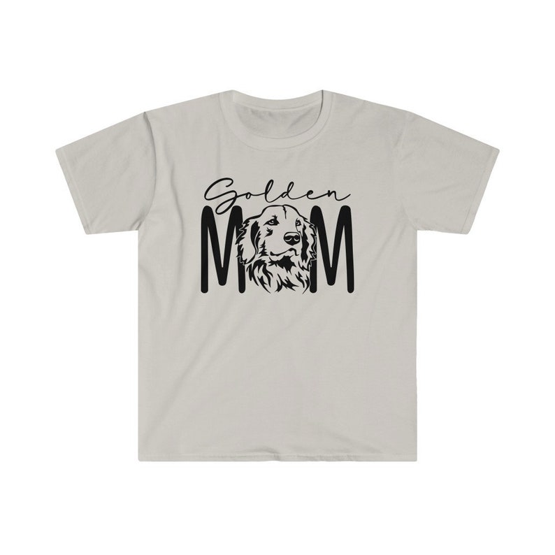 K&ouml;nnte beinhalten: Ein hellgraues T-Shirt mit einer schwarzen Grafik eines Golden Retriever Hundes und dem Text "Golden Mom".