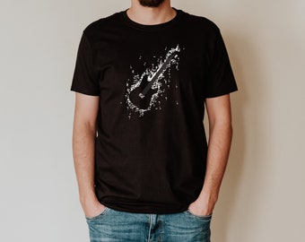 May include: A black t-shirt with a white graphic of a guitar made of musical notes.
