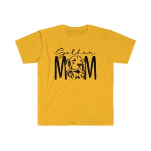 K&ouml;nnte beinhalten: Ein gelbes T-Shirt mit schwarzem Text, der "Golden Mom" lautet, und einer schwarzen Silhouette eines Golden Retriever-Hundekopfes.